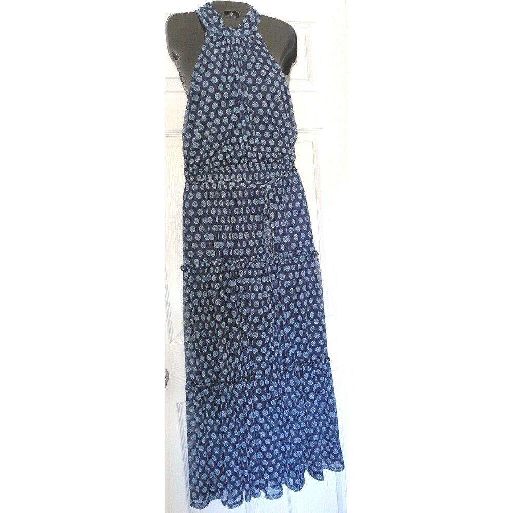 Kate and Lily Tiered Maxi Dress Size 12 Navy Blue High Neck Medallion Belted New - Picture 5 of 7